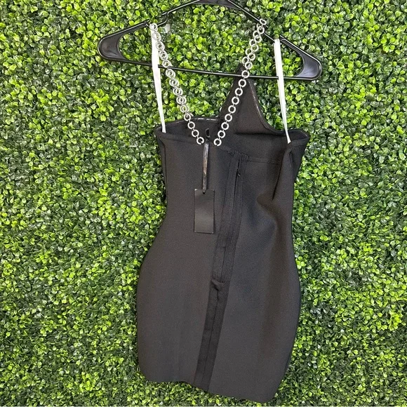 Nwt Hours Alisha one shoulder Elegant‎ mini Black Chain Strap Dress - Picture 5 of 11